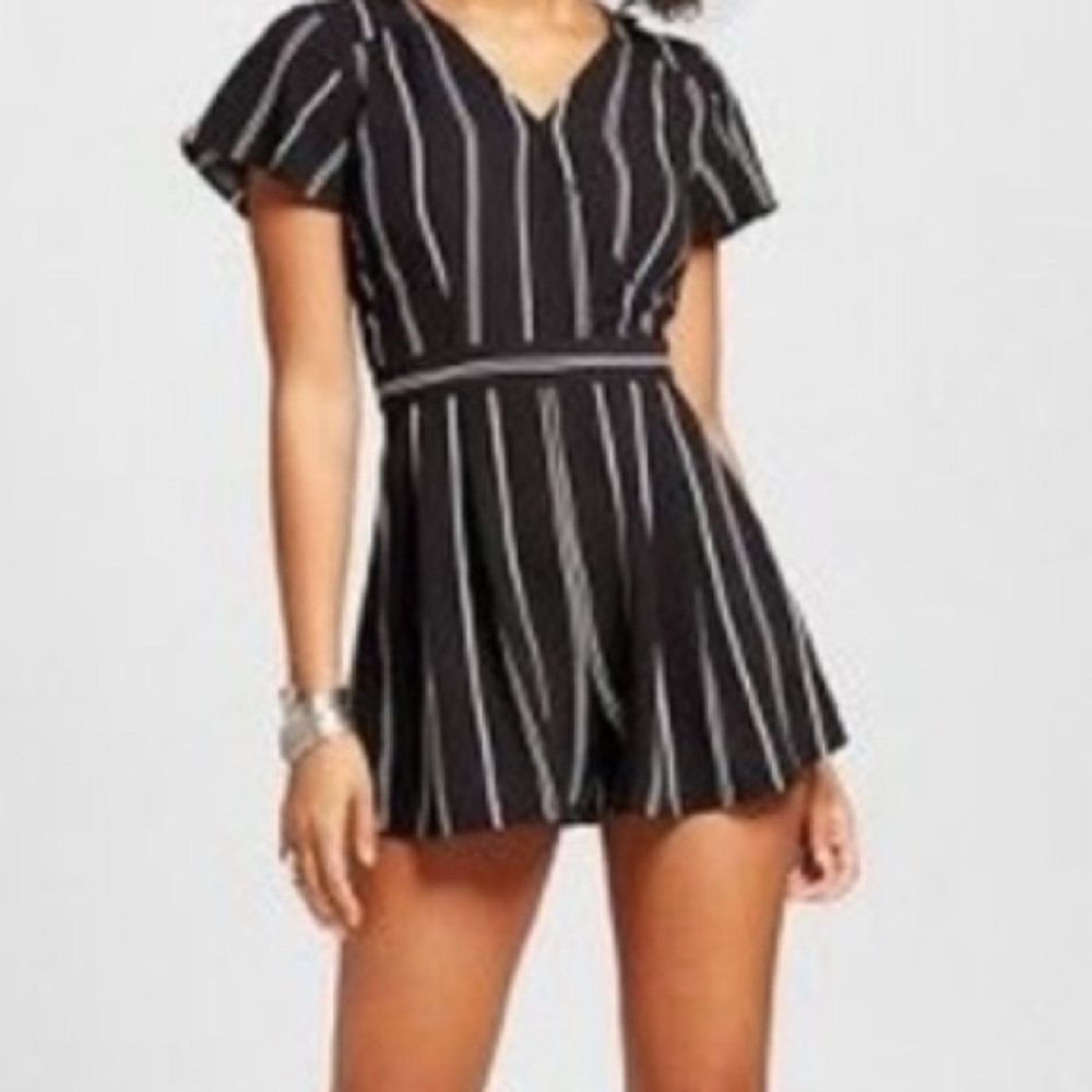 Black and White Striped Zip-Up Romper